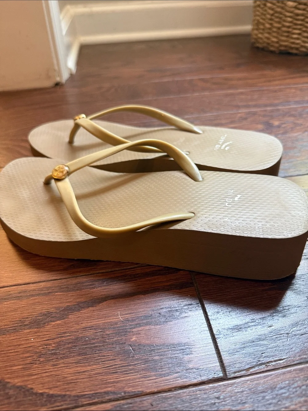 Tory Burch Tan Flip Flop Sandals with Gold Logo